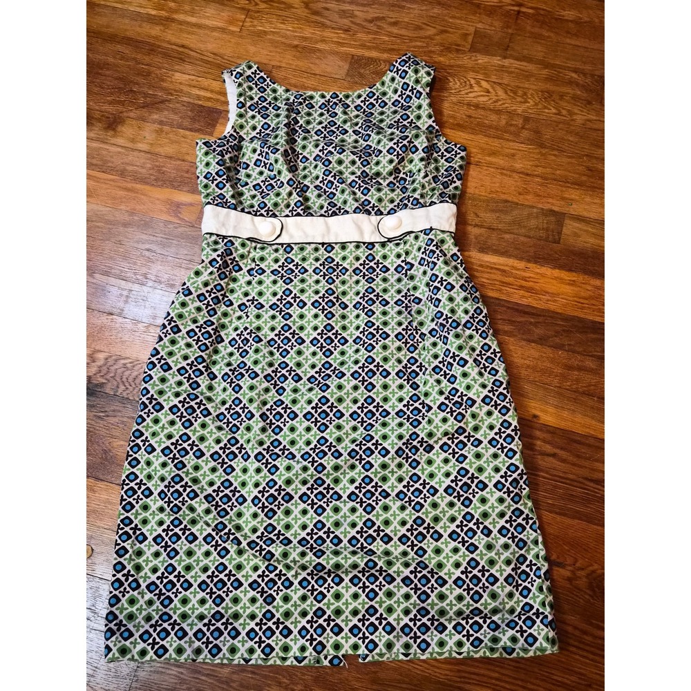 Donna Morgan Retro Cottagecore Geometric Sheath Dress Green Blue 12